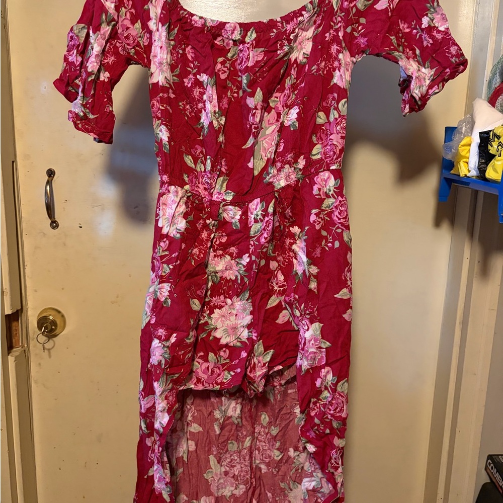 Floral Off-Shoulder High-Low Maxi Dress - Fuchsia Pink Floral